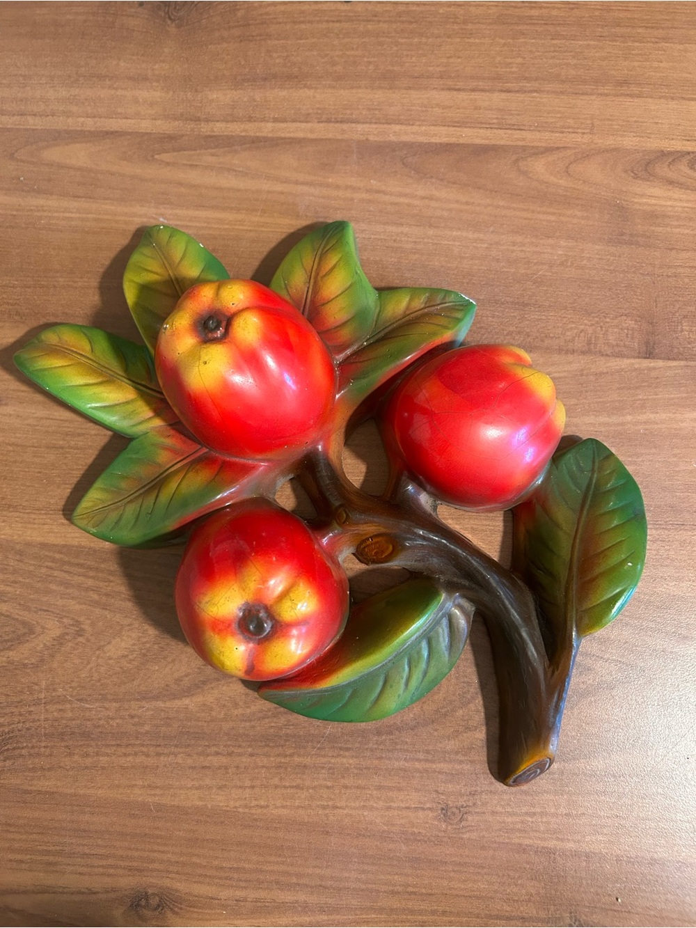 Vintage Chalkware Wall Plaque with Red Apples and Green Leaves